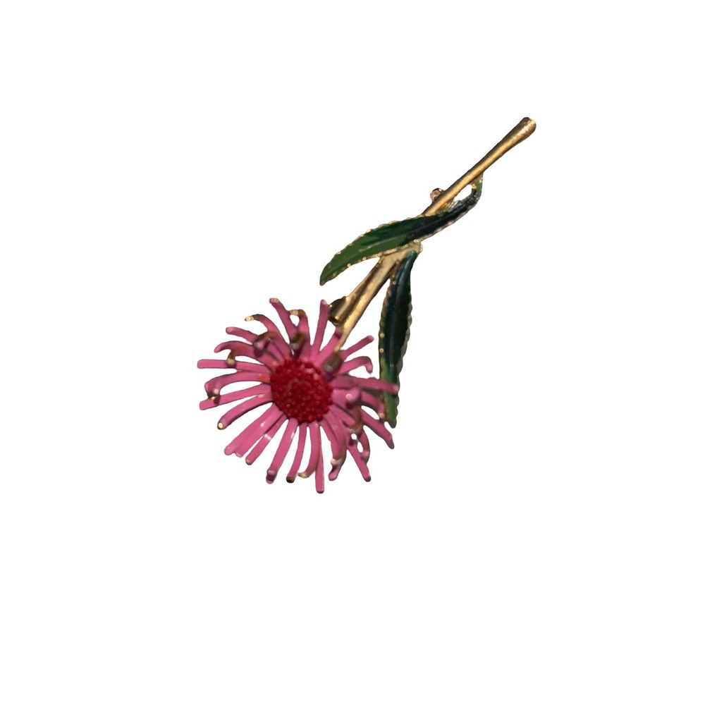 Vintage Pink Enamel Flower Brooch Gold Tone Floral Pin with Hook Closure